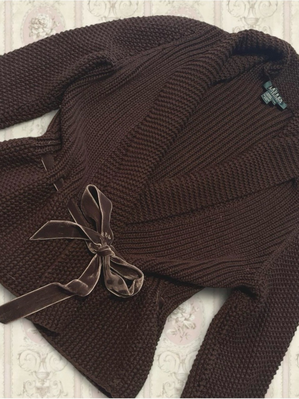 VINTAGE Ralph Lauren Brown Shawl Collar Knit Sweater with Velvet Tie 🍁